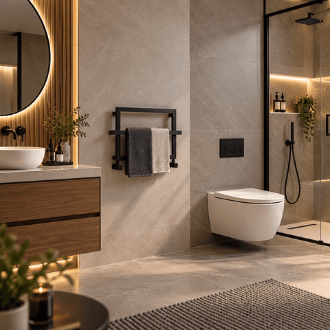 Reina Lago 2 Designer Towel Rail - Black - 600 x 450 mm - www.ultrabathroom.com
