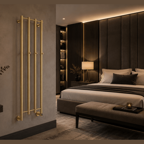 Reina Solara Electric Heated Towel Rail - Brushed Brass - www.ultrabathroom.com